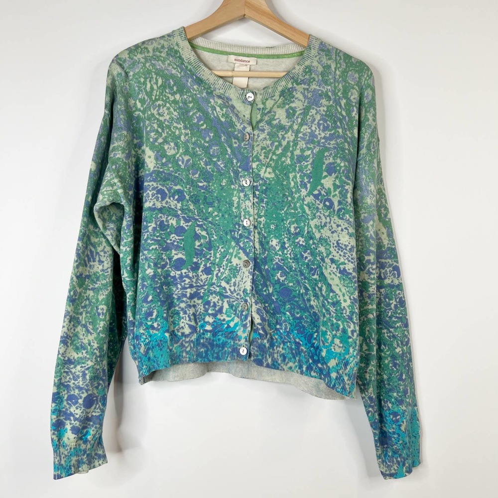 Sundance Button Cardigan Sweater Womens Large Blue Green Cotton Abstract Floral